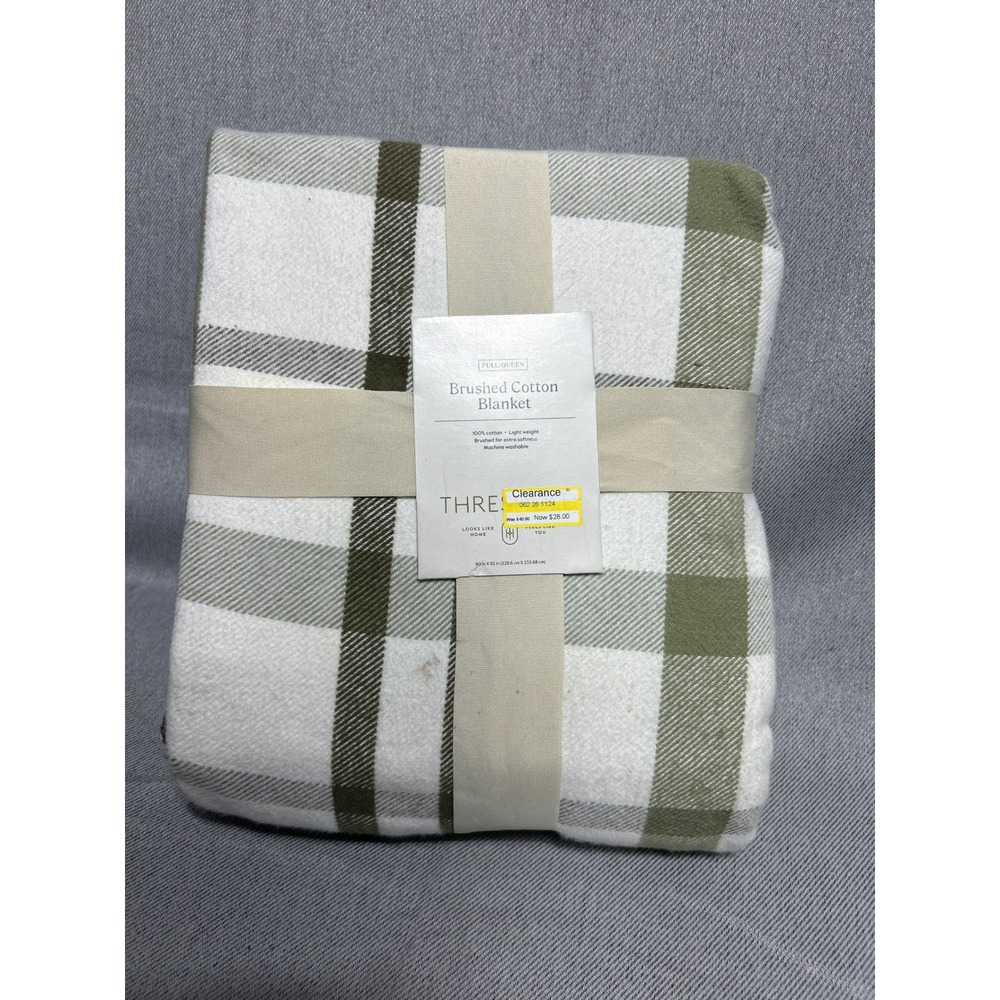 Threshold Full Queen Brushed Cotton Blanket Plaid Olive Green White NWT